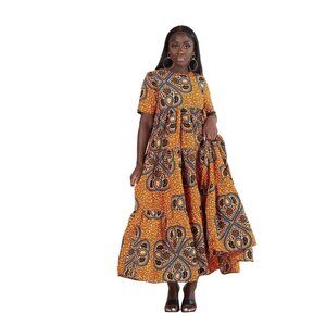 Grass-Fields African Print Orange Short Sleeve Tiered Maxi Dress Size 12